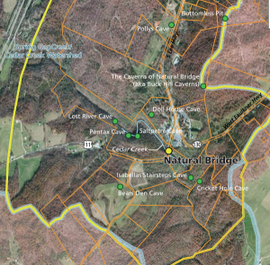 Green dots show the locations of 10 of Natural Bridge’s limestone caves. Map courtesy of the National Park Service